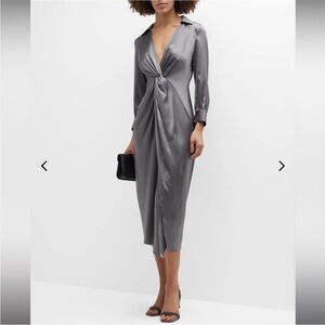 THEORY Twist Front Soft Satin Collared Midi Dress in Metallic Gray